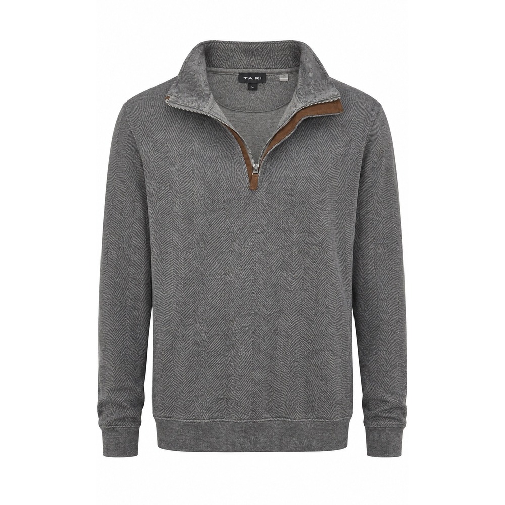 Tahari Mens Large Grey Herringbone Quarter Zip Pullover‎ Sweater Cotton Blend